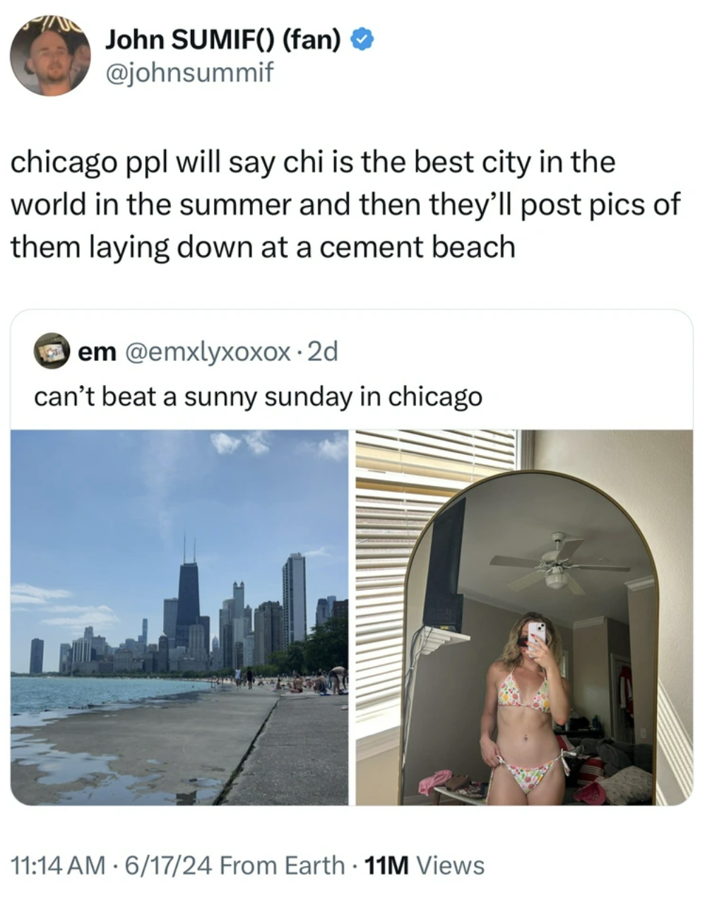 downtown - John Sumif fan chicago ppl will say chi is the best city in the world in the summer and then they'll post pics of them laying down at a cement beach em 2d can't beat a sunny sunday in chicago . 61724 From Earth 11M Views